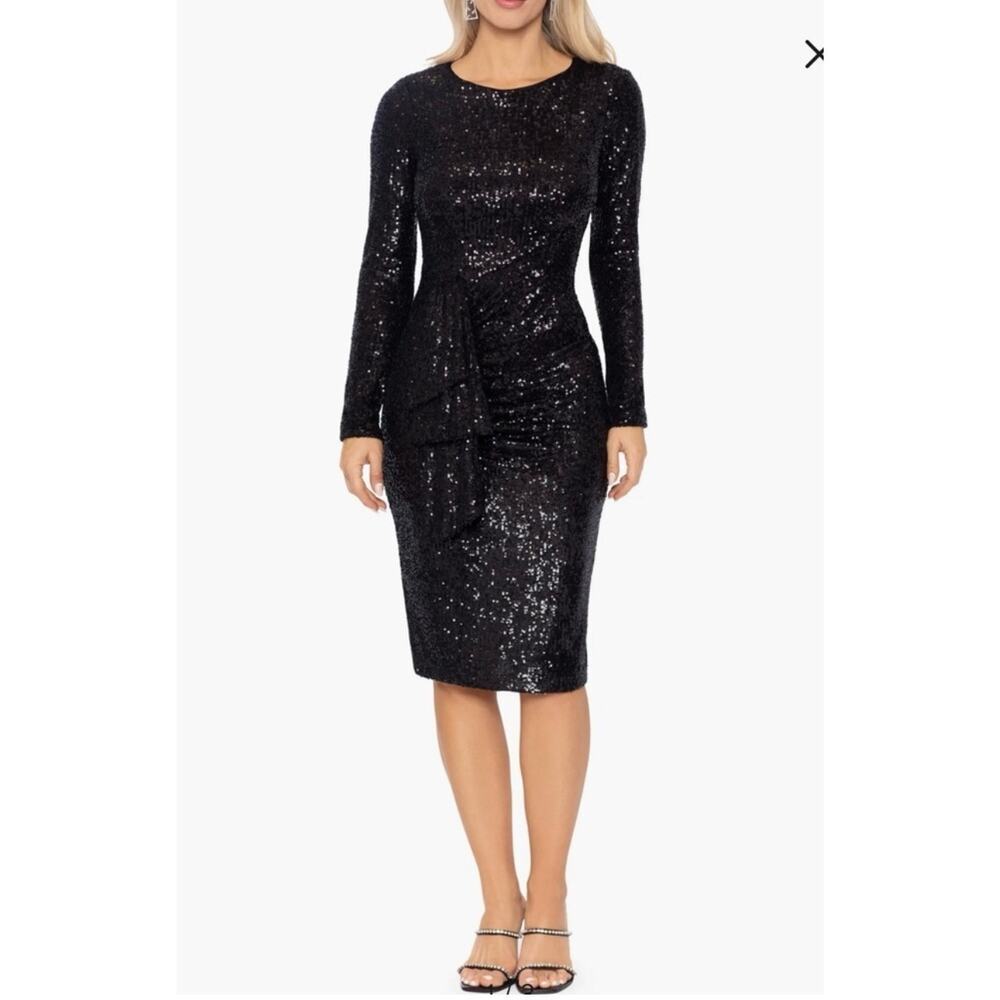 XScape Sequined Midi Formal Cocktail Dress Long Sleeve Black Size 6 NWT